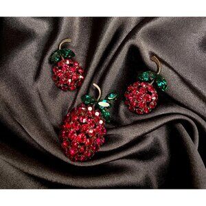 Vintage Made in Austria Red Strawberry Fruits Crystals Jewelry Set